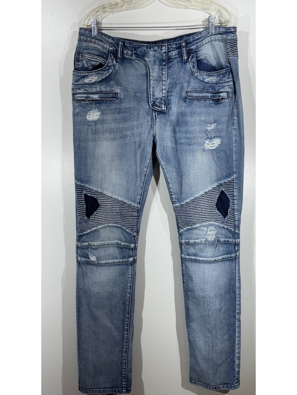 Balmain Paris Biker Moto Jeans Men’s 38 Distressed Blue Ribbed Knee Denim